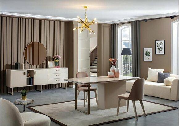 Beige dining table set 4 x chairs tables kitchen luxury furniture sideboard mirror
