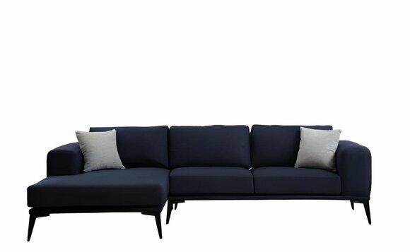 Corner sofa L-shape dark blue plain textile material with cushions living room