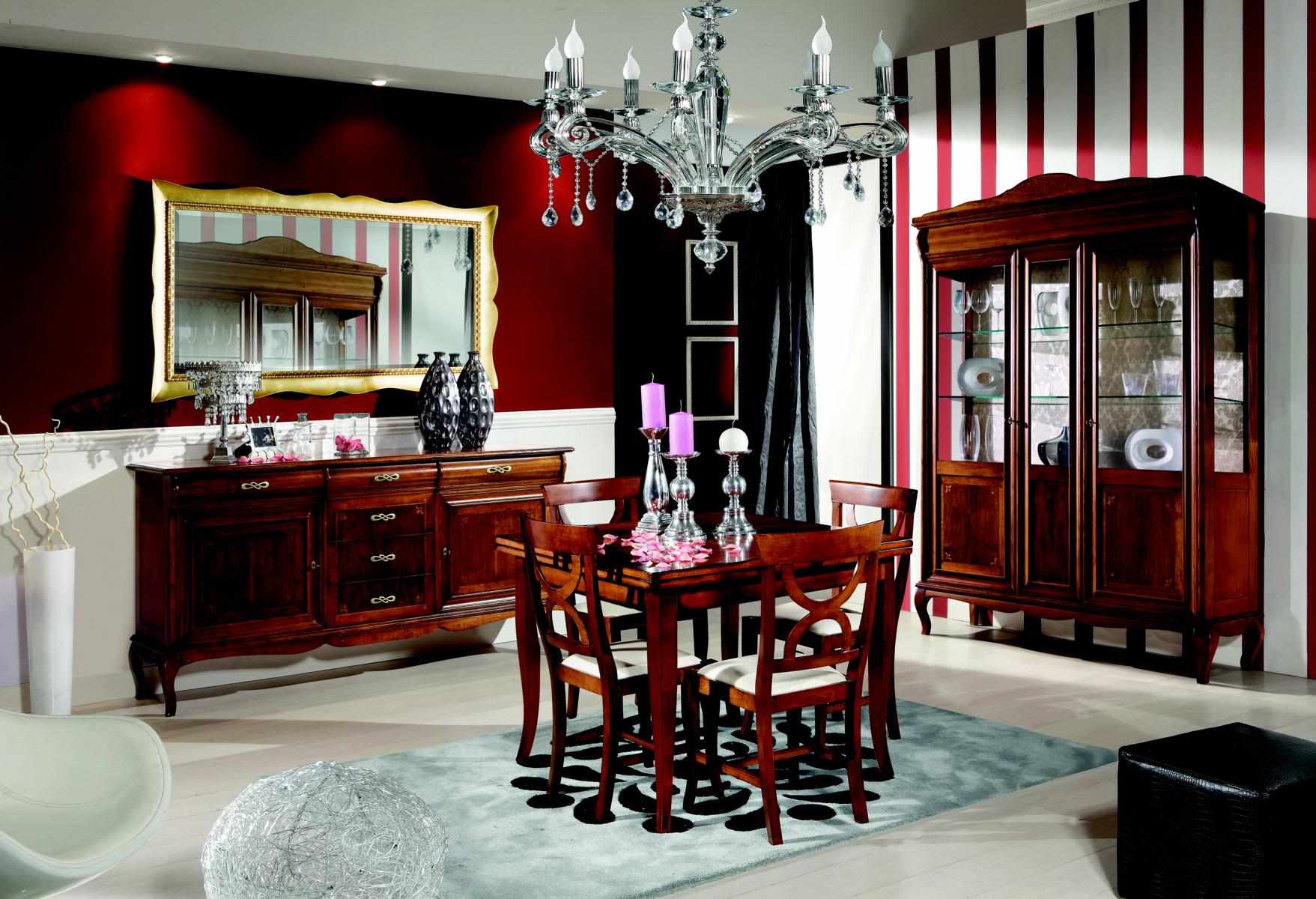 Dining table, 4 chairs, showcase, chest of drawers, mirror, complete dining room set, 8 pieces, new