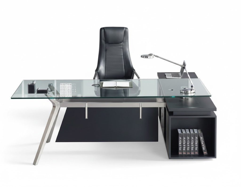 Elegant corner desk Modern design made of MDF & stainless steel IMMEDIATELY SOFORT