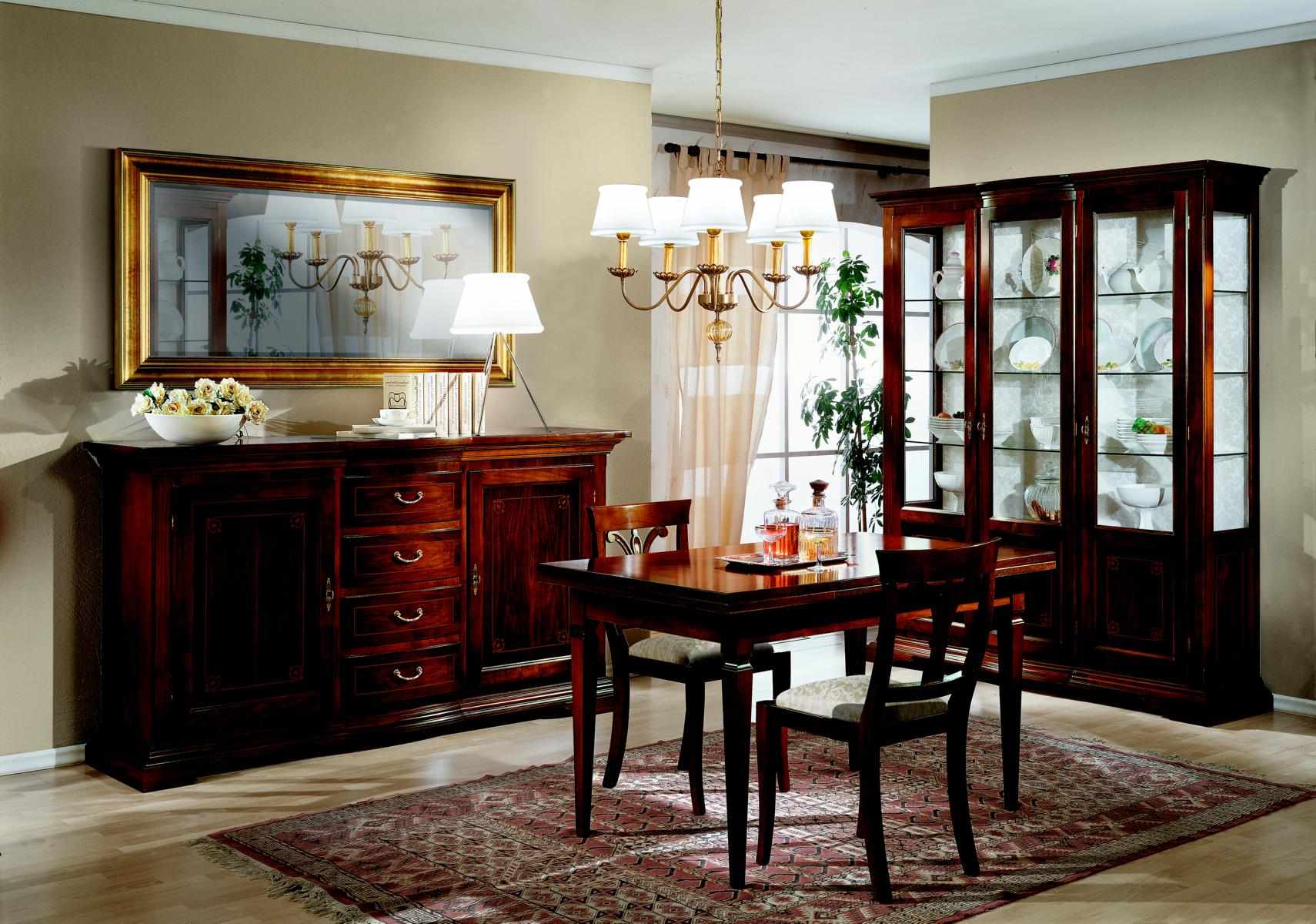 Dining table, 2 chairs, showcase, chest of drawers, mirror, complete dining room set, 6 pieces, new