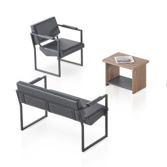 Black-Brown Office Waiting Room Furniture 2-Seater Wooden Coffee Table Armchair