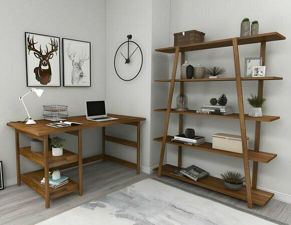 Stylish dark brown desk designer wooden bookcase 2pcs