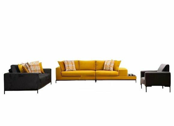 Living room set 3pcs yellow 3-seater black 2-seater armchair textile modern
