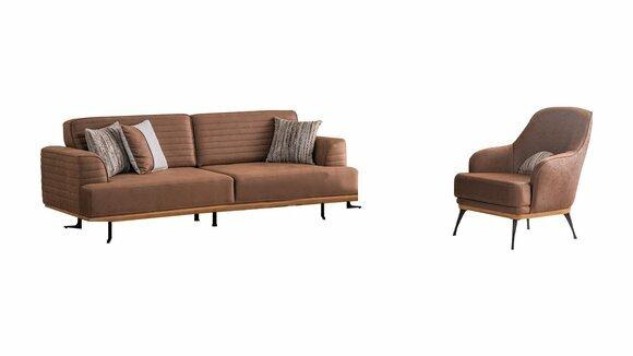 Luxury sofa set: brown three-seater sofa and armchair for living room