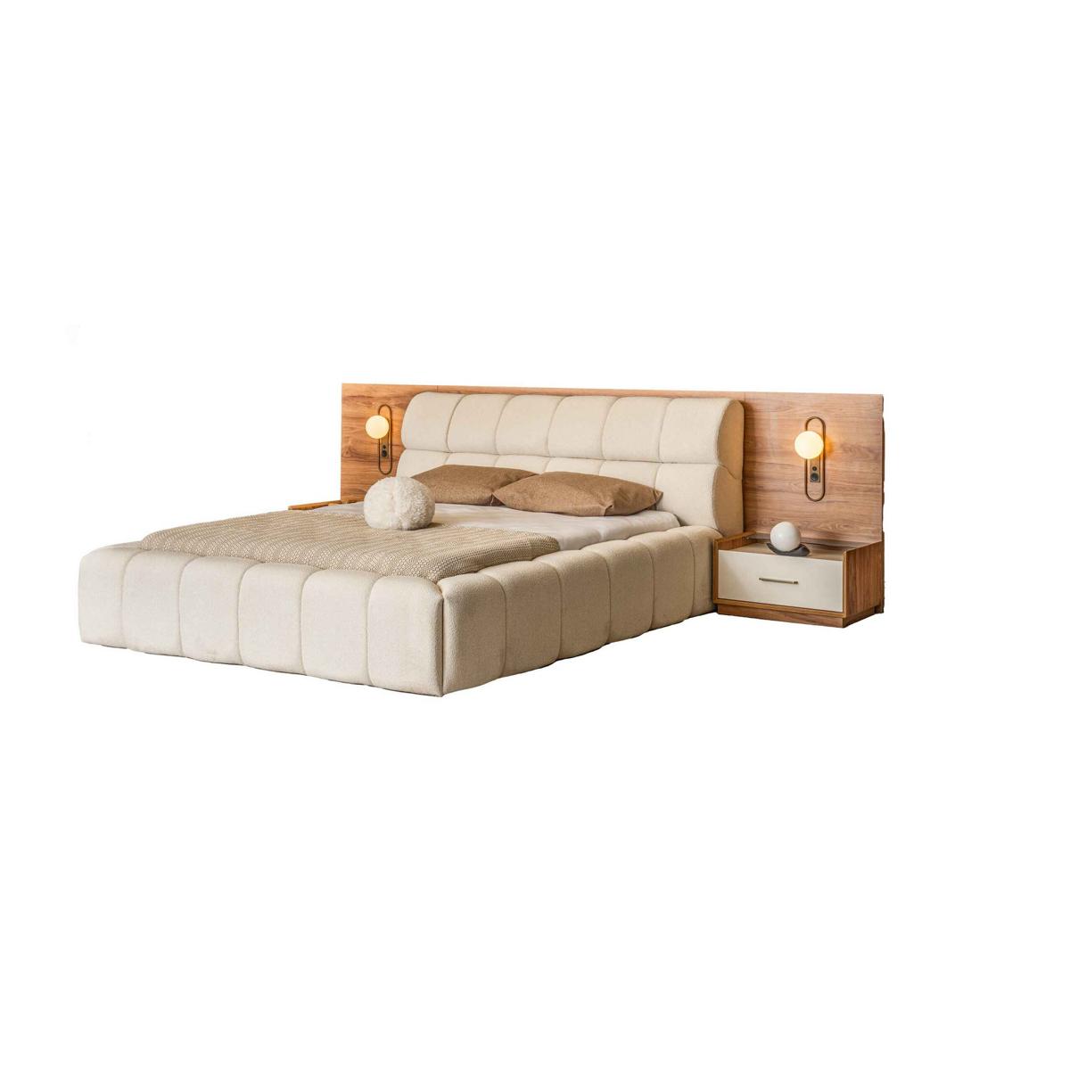 Brown and white bedroom set double bed bedside tables luxury wooden furniture