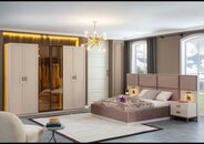 Beige bedroom set bed 2x bedside tables wardrobe luxury furniture wood 4pcs