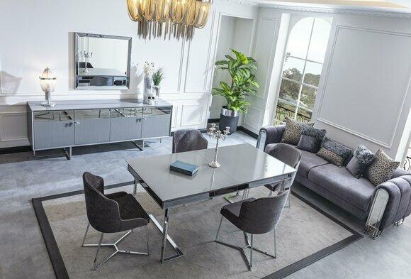 Stylish grey dining table set sliding table 4 comfortable chairs kitchen armchair