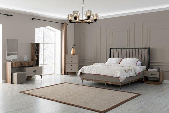 Gray bedroom set double bed 2x bedside tables wooden dressing table