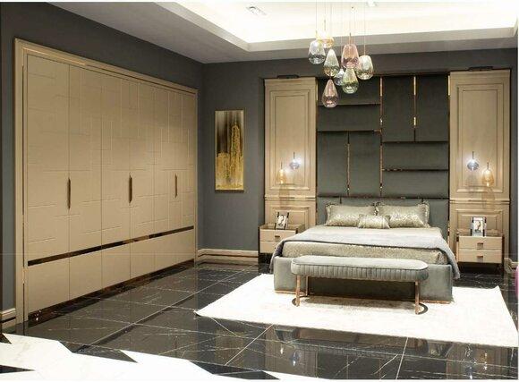 Luxury bedroom double bed bedside table set 6 pieces beige