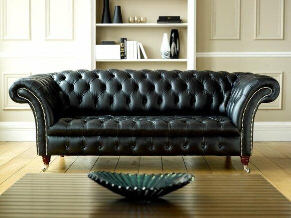 Chesterfield Sofa 3-Seater Black Faux Leather Shiny Upholstery Comfortable Couch on Castors