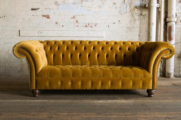 Upholstered Sofa 3-Seater Chesterfield With Buttons Yellow Textile Cover Wooden Feet Modern