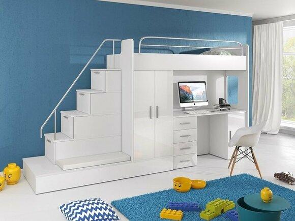 DOUBLE FLOOR BED BED SQUARE BED WITH CLOTHING DESK + CLOTHING BOARD - RAJ-5 WHITE