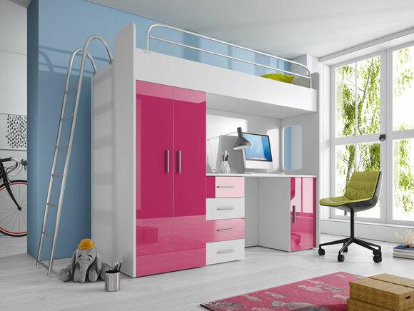 DOUBLE BUNK BED BUNK BED WITH DESK + WARDROBE PINK