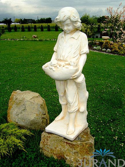 Decorative garden sculpture of a boy holding puppies in the basket figure made of weather-resistant cast stone 118 cm - 1507
