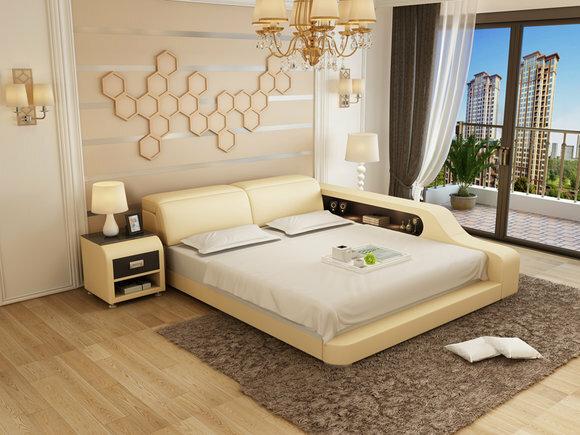 Designer leather double bed with bedside console & light 140/160/180cm sizes, model - LB8818