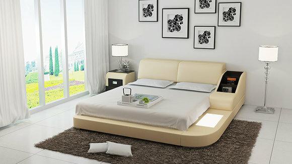 Designer leather double bed with bedside console & light 140/160/180cm sizes, model - LB8815