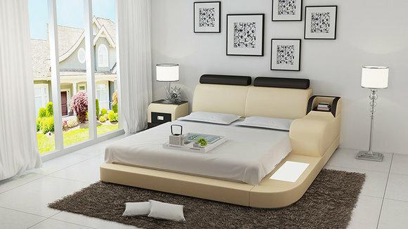 Designer leather double bed with bedside console & light 140/160/180cm sizes, model - LB8813