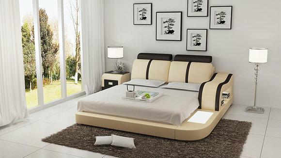 Designer leather double bed with bedside console & light 140/160/180cm sizes, model - LB8811