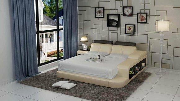 Designer leather double bed with bedside console & light 140/160/180cm sizes, model - LB8810