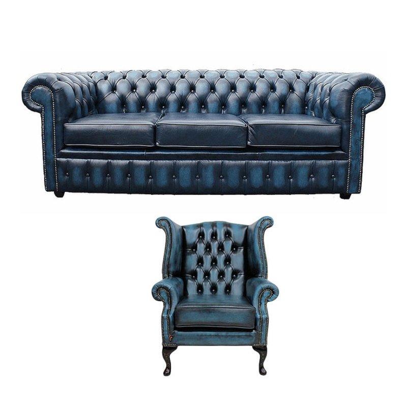 Sofa Set 3-Seater + Wing Chair Chesterfield With Buttons Dark Blue Faux Leather New