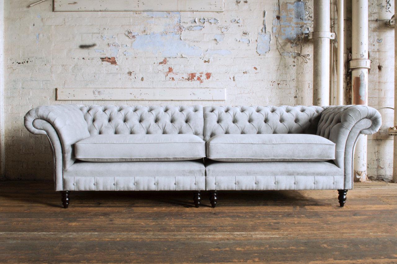 Chesterfield XXL Sofa 4-Seater With Buttons Textile Light Grey Comfortable With Cushions 2-Part Sofa New