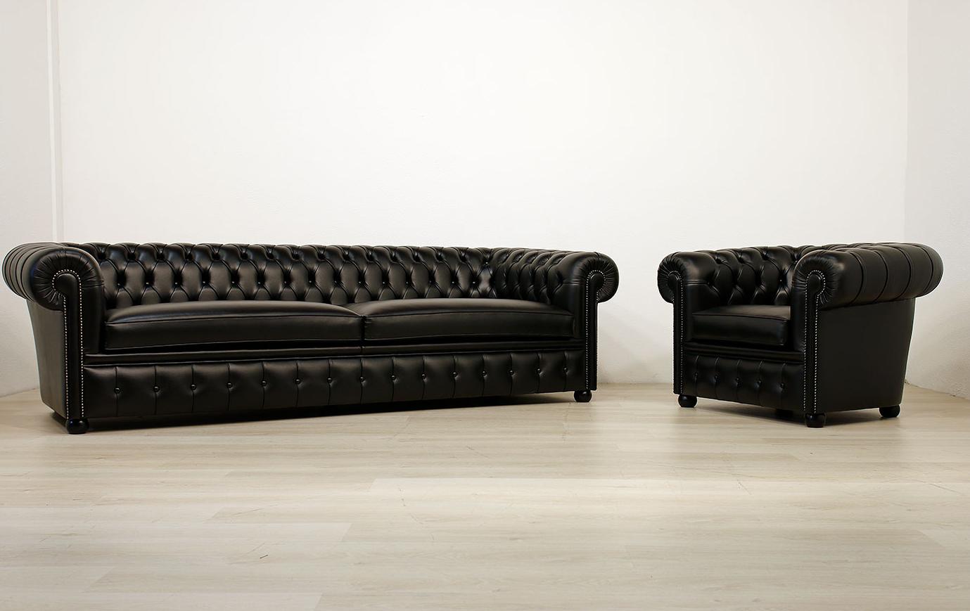 Chesterfield Classic Sofa Set XXL 4+1 Seaters Faux Leather Black Upholstered New