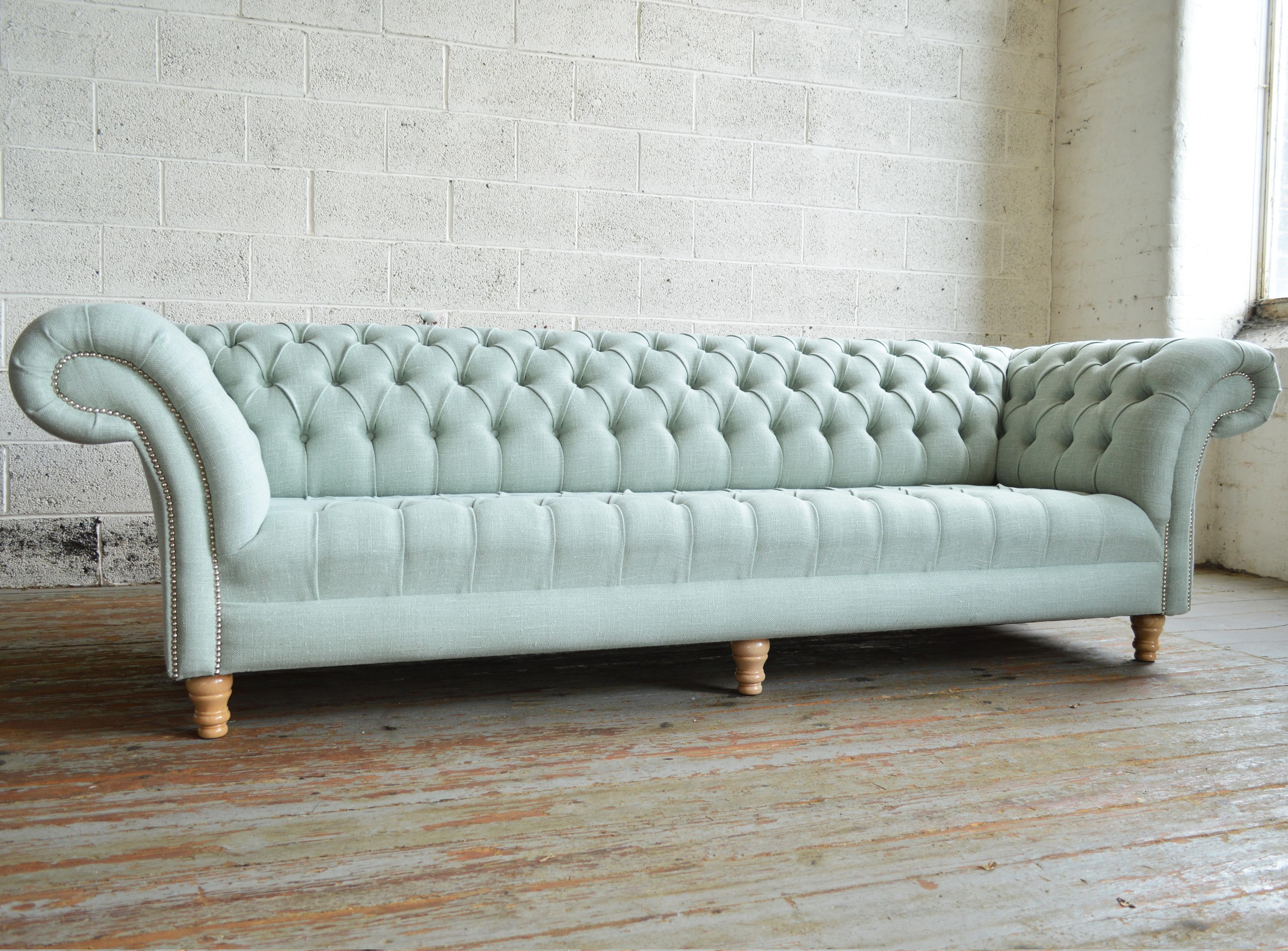 Chesterfield Modern Sofa 4-Seater XXL 245cm Length Textile Upholstered Seafoam Green Comfortable New
