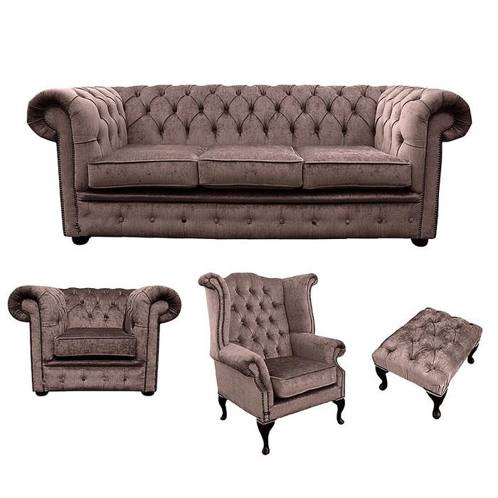 Buy Chesterfield Sofa Set 3+1 Seaters + Wing Back Armchair + Stool Textile Beige Brown New