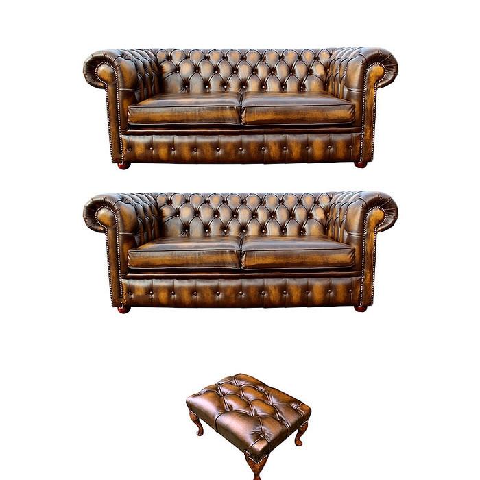 Chesterfield Sofa Set 2+2 Seaters + Stool Classic Brown Faux Leather Couches New