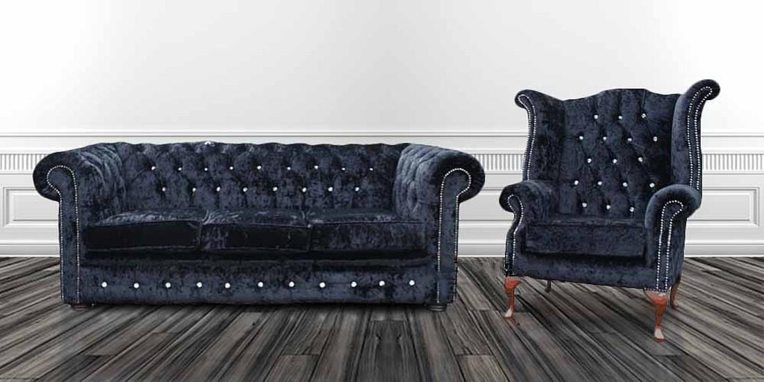 Chesterfield Sofa Set 3-Seater + Wing Chair Textile Night Sky Black Colour Comfortable Sofas New