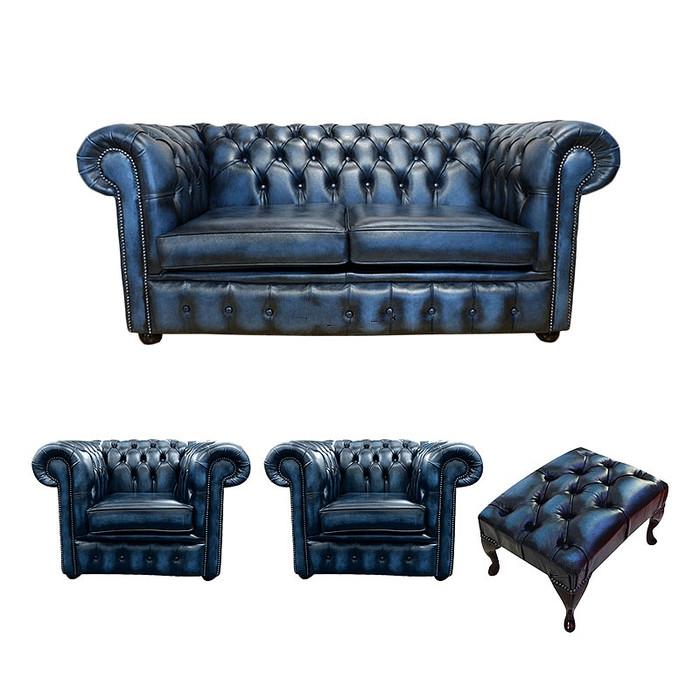 Chesterfield Sofa Set 2+1+1 Seaters + Stool Blue Faux Leather Comfortable Couches With Buttons New