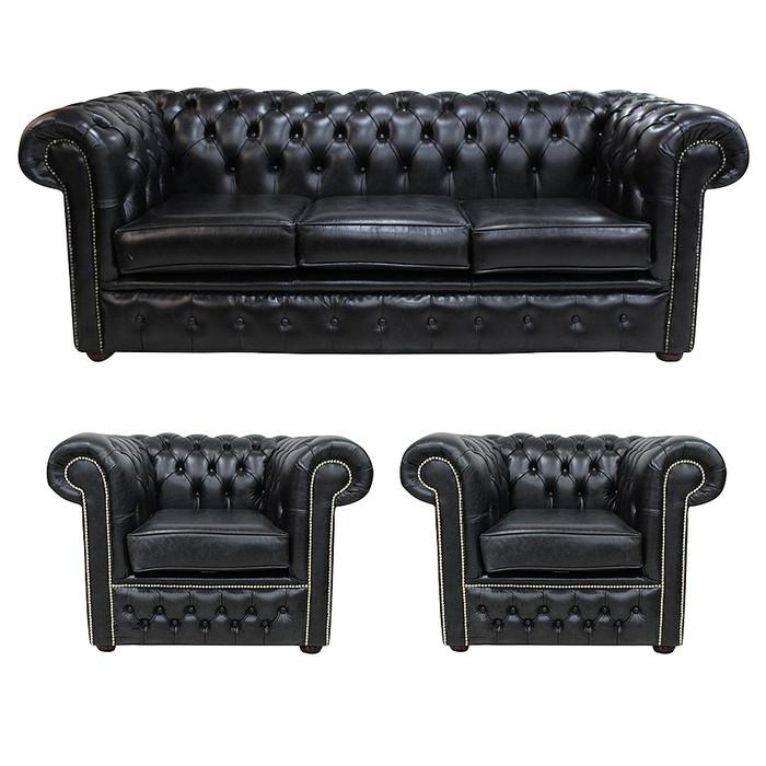 Chesterfield 3-piece Sofa Set 3+1+1 Seaters Black Faux Leather Upholstered Luxurious Classic Design Comfortable New