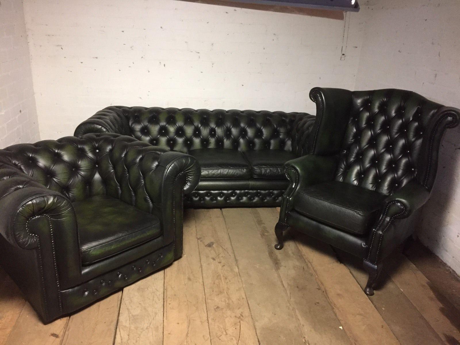 Chesterfield Sofa Set 3+1 Seaters + Wing Back Armchair Dark Green Leather Upholstered New