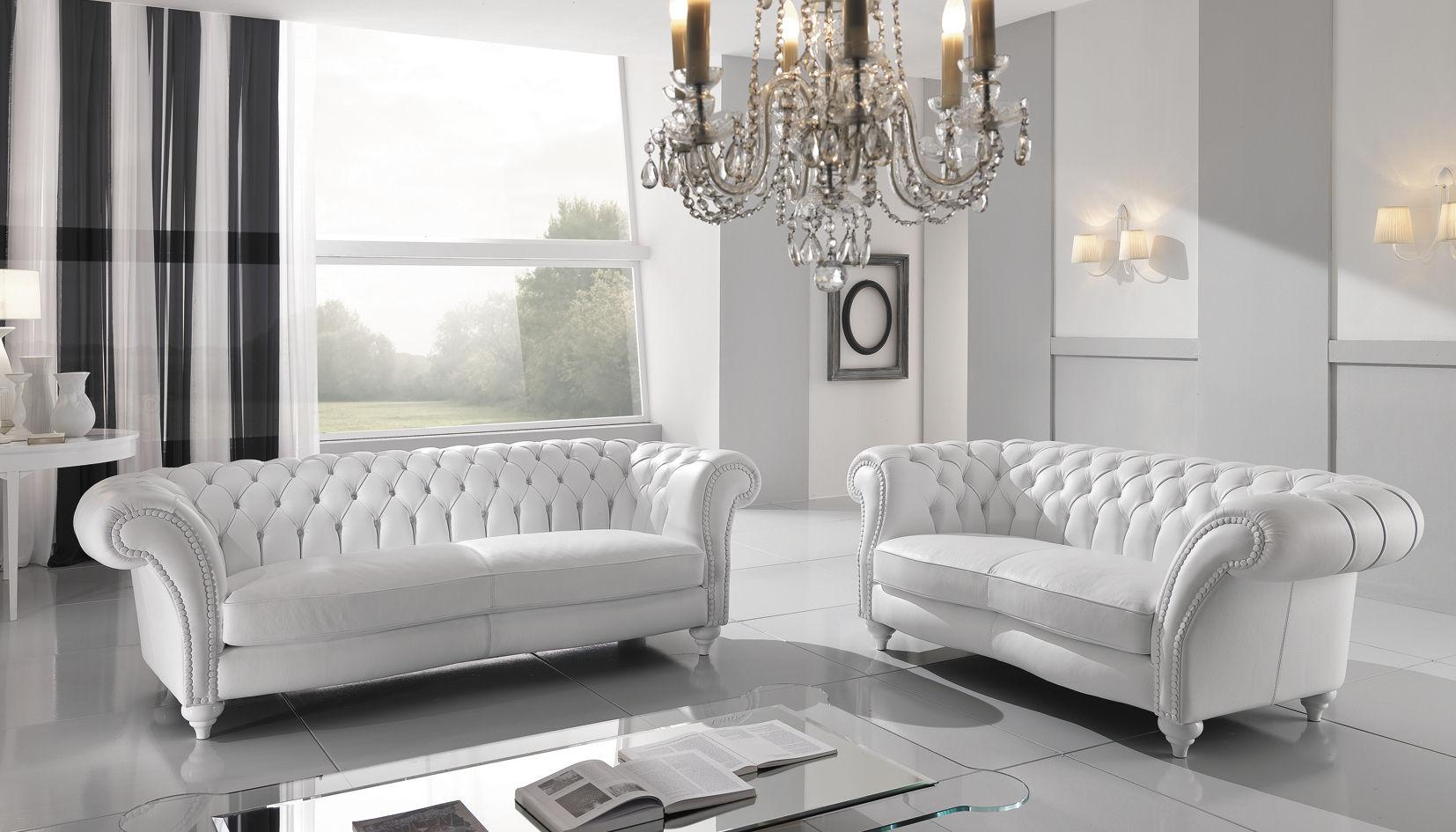 Luxurious Chesterfield Sofa Set 3+2 Seaters Snow White Faux Leather Upholstery Comfortable Couches New