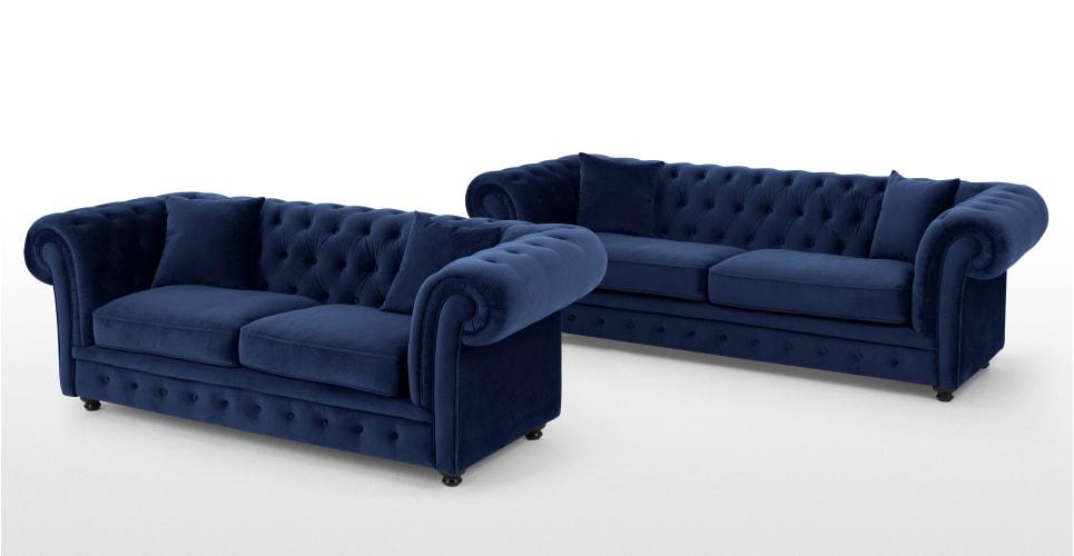 Chesterfield Sofa Set 3+2 Seaters Blue Textile Fabric Couches Comfortable Cushions + Buttons New
