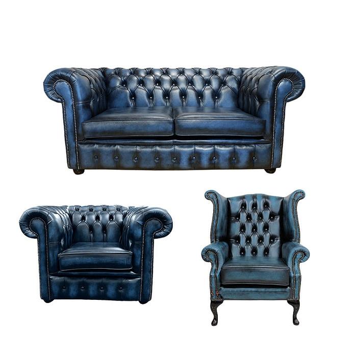 Luxurious Chesterfield Sofa Set 2+1 Seaters + Wing Back Chair Blue Faux Leather New