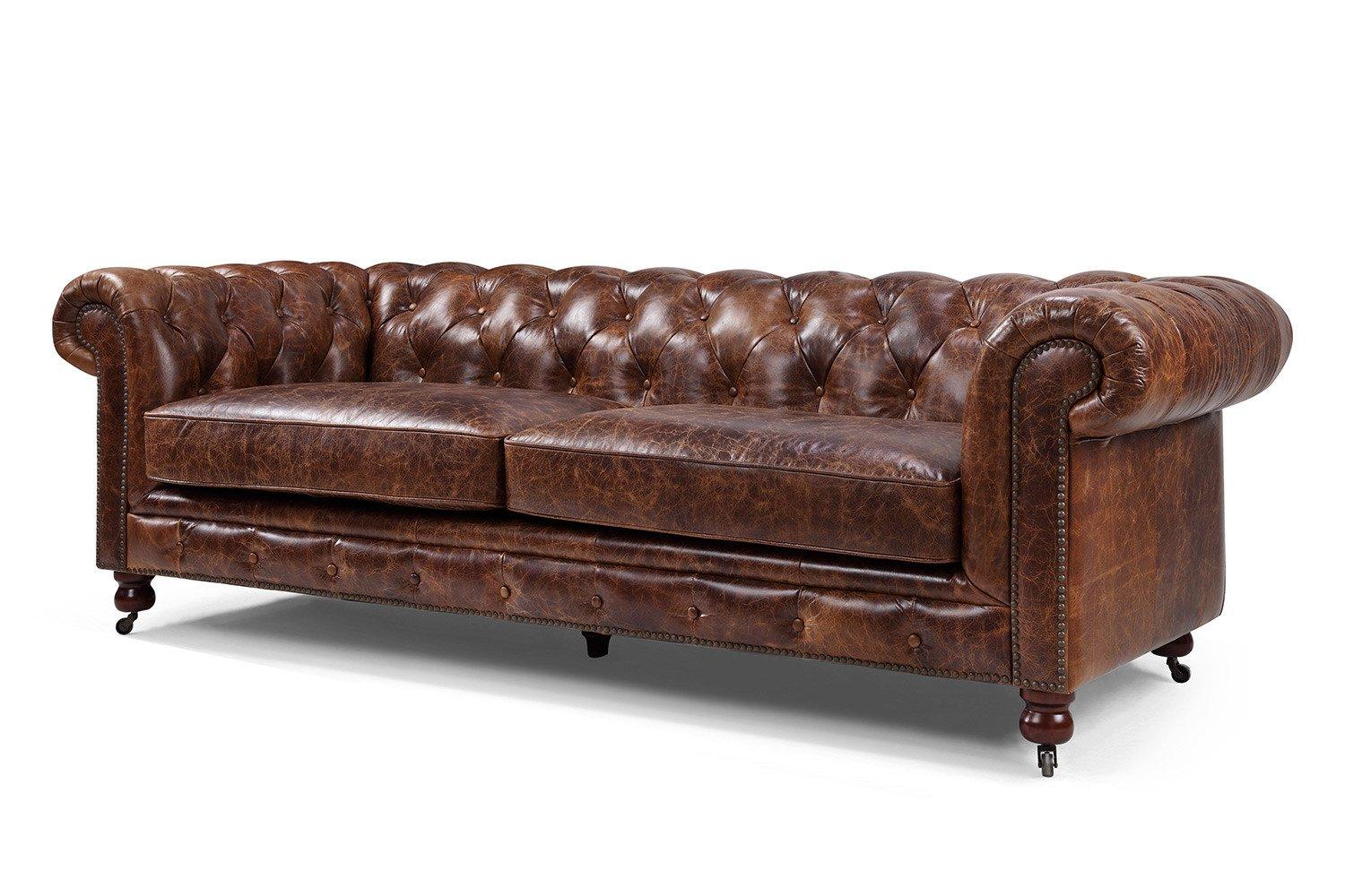 Chesterfield Classic 3-Seater Sofa 100% Genuine Leather Brown Upholstery with Comfortable Cushions New