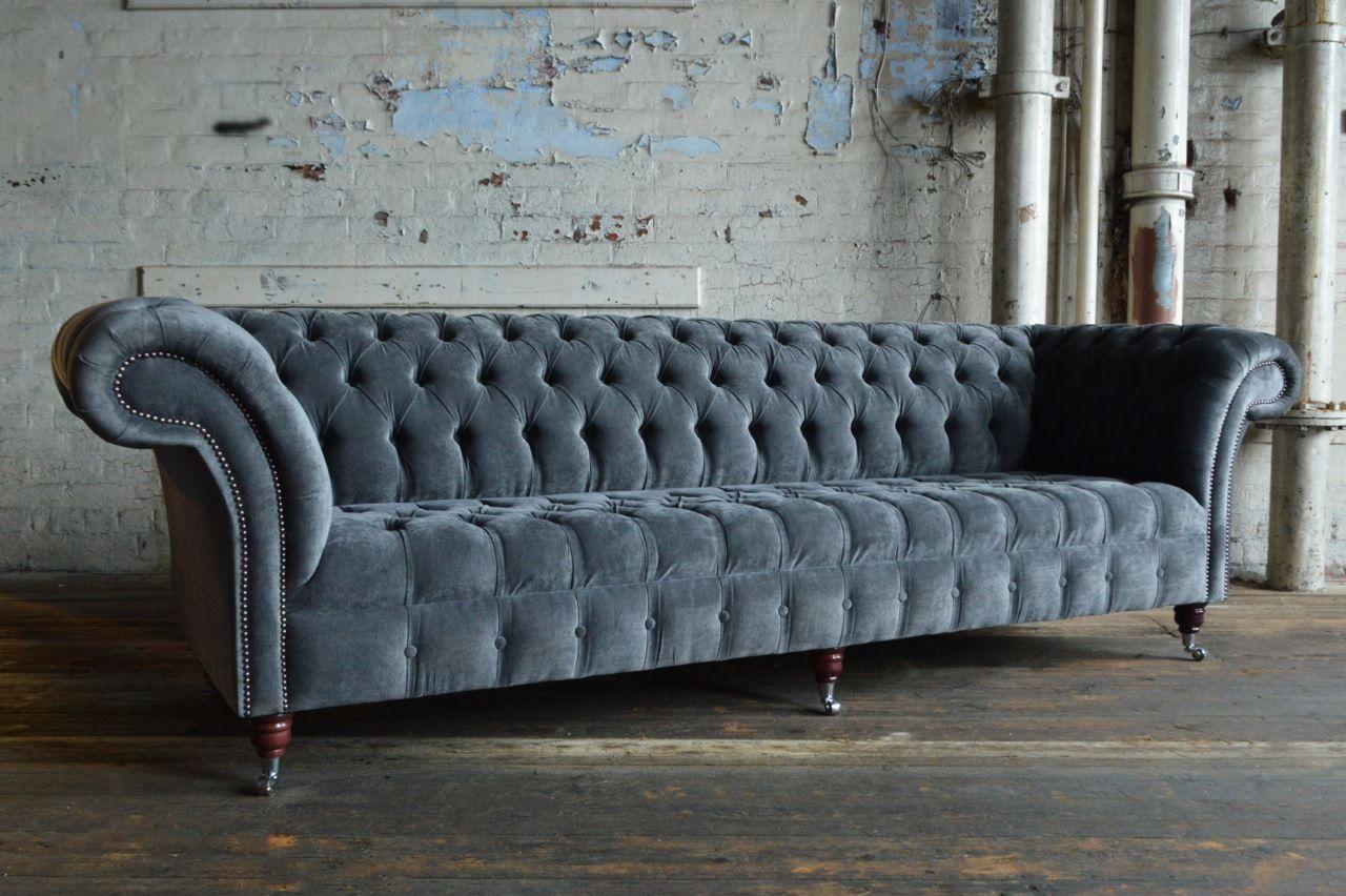 Chesterfield Sofa XXL Luxurious 4-seater on Wheels Grey Textile Upholstery Comfortable New