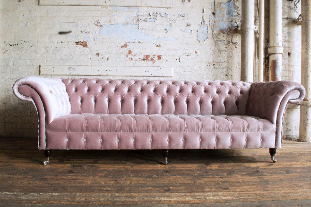 Chesterfield XXL Sofa Luxurious Classic 4-Seater Pink Textile Couch Upholstered Comfortable New on Casters