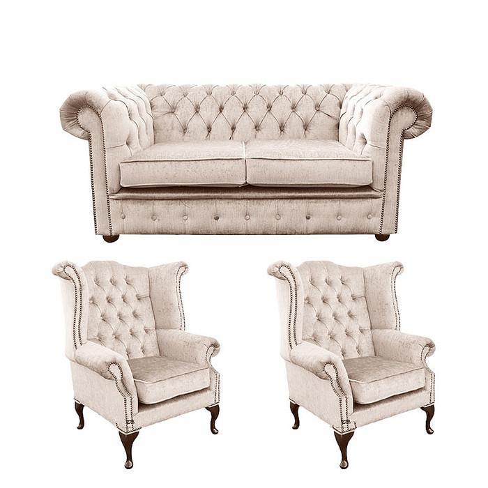 Chesterfield Sofa Set 2-Seater + 2x Wing Chairs Light Beige Textile Upholstered Couches New