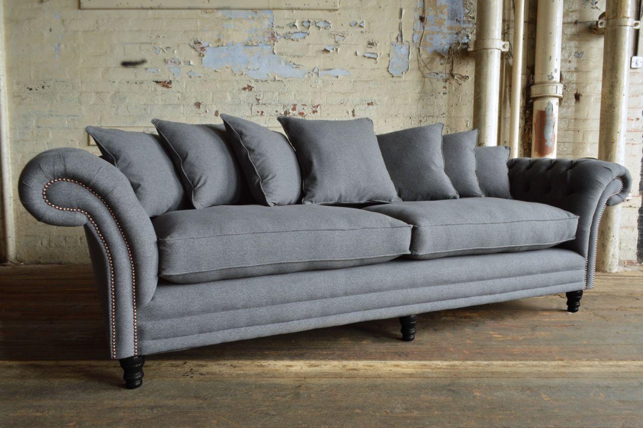 Chesterfield Sofa XXL 4-Seater Grey Textile Upholstery with Comfortable Cushions & Wooden Feet New