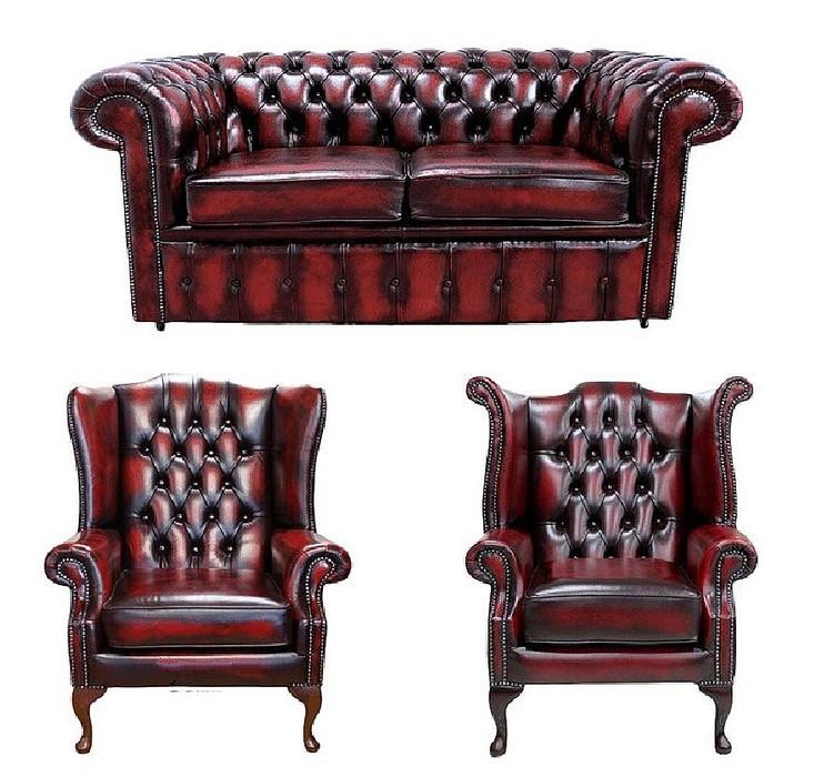 Chesterfield Sofa Set 2-Seater + 2x Wing Armchairs Red Faux Leather Comfortable Couch Loveseat New