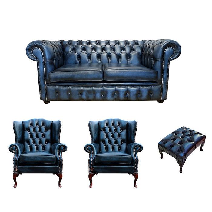 Chesterfield Sofa Set Classic 2-Seater + 2x Wing Chairs + Stool Blue Faux Leather New
