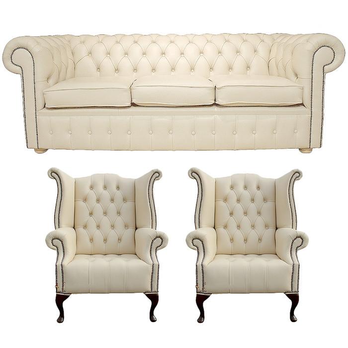 Chesterfield Sofa Set 3-Seater + 2x Wing Chairs Upholstered Light Beige Premium Faux Leather New
