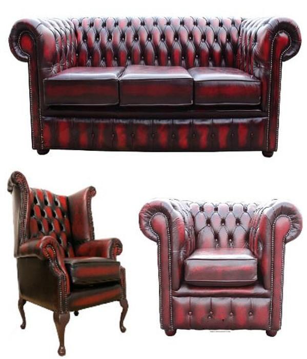 Chesterfield 3-Piece Sofa Set 3+1 Seaters + Wing Armchair Red Leather Upholstered New Couches