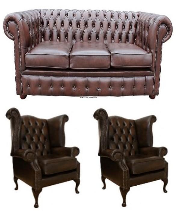 Chesterfield Antique Style Sofa Set 3-Seater + 2x Wing Chairs Brown Faux Leather Couches New