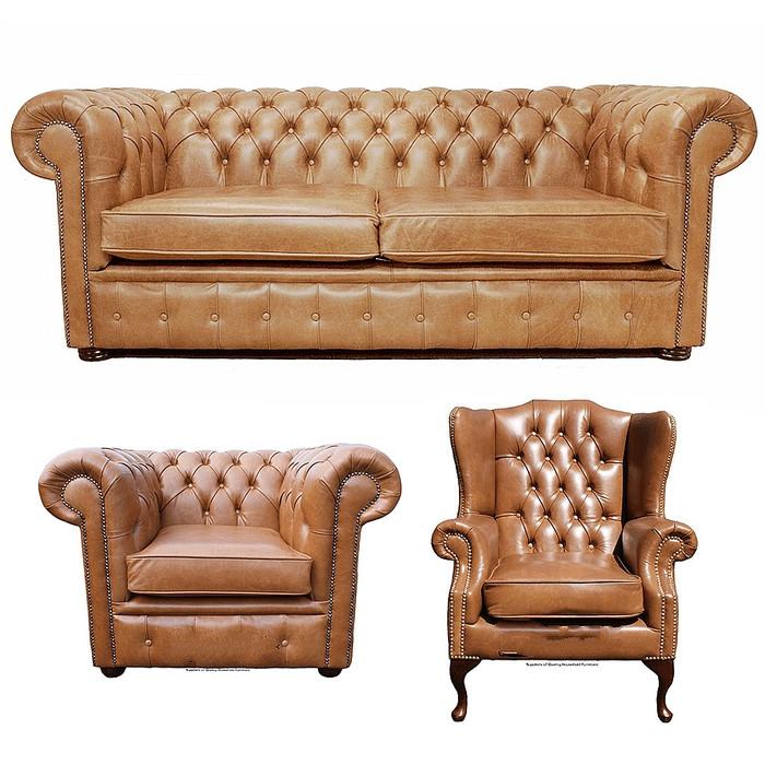 Chesterfield Sofa Set 2+1 Seaters + Wing Chair High-quality Faux Leather Upholstery Orange Brown Couches New