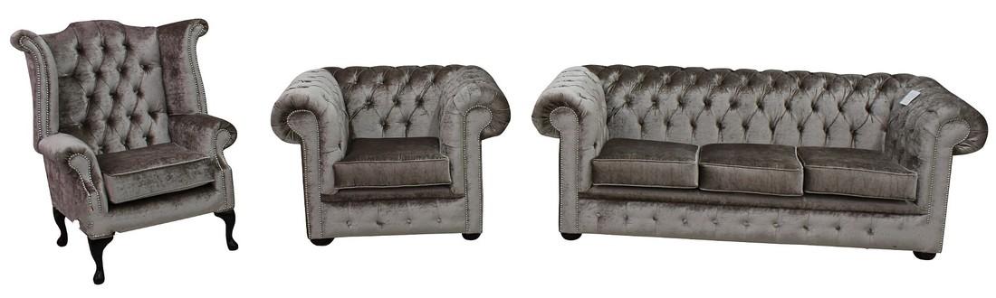 Chesterfield Sofa Set 3+1 Seaters + Wing Chair Textile Grey Comfortable Couches New
