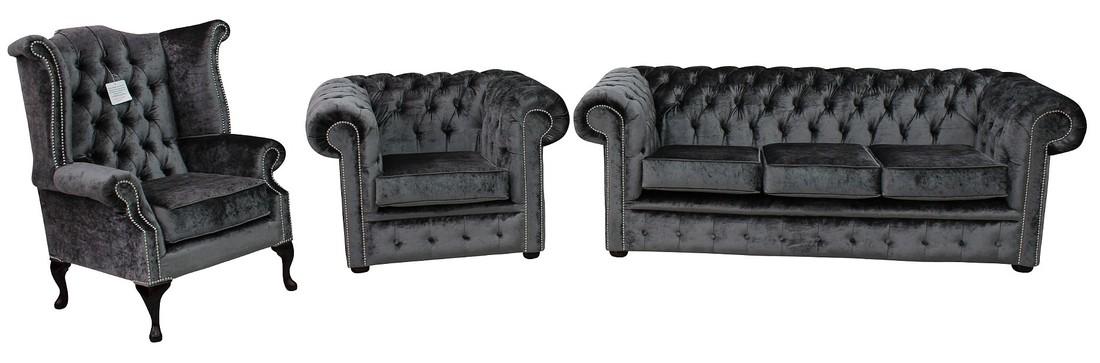 Chesterfield Sofa Set 3+1 Seaters + Wing Chair Dark Grey Textile Cover Comfortable Couches New